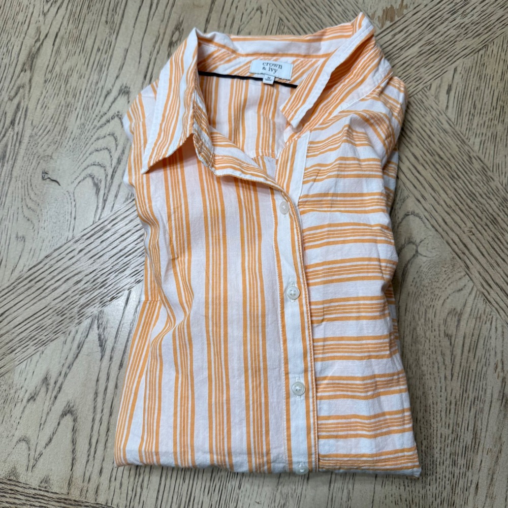 Crown & Ivy Women's Medium Orange WhiteStriped‎ Button Down Long Sleeve Shirt
